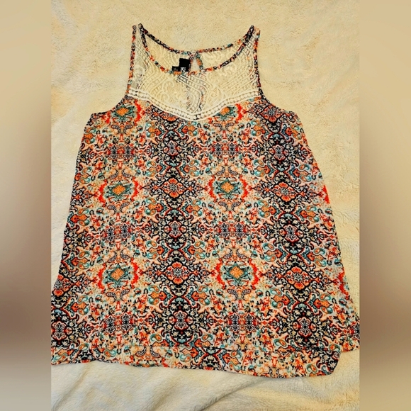 Iz Byer Tops - IZ Byer Junior's Sleeveless Blouse in Bright Colors With Lace Top - Size Medium